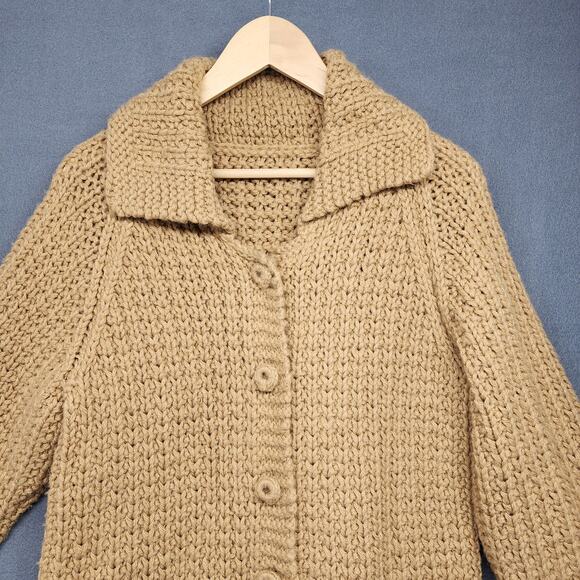 Vintage Handmade Sweater Cardigan Womens S/M Chunky Granny Grandma Neutral Tan - Picture 6 of 11